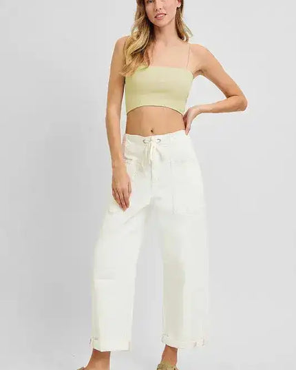 RISEN High Rise Crop Wide Barrel Cargo Pocket Jeans - Sleekdenim.com