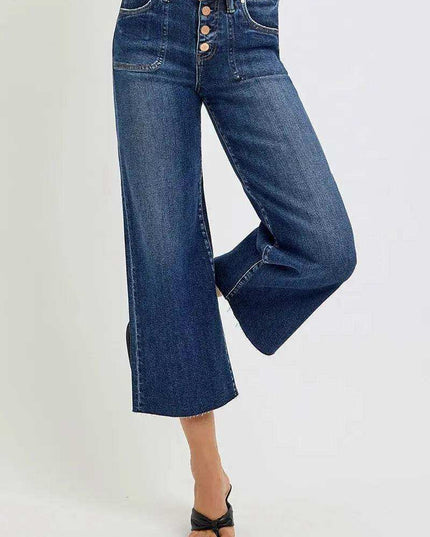 RISEN High Rise Crop Wide Button Up Jeans Plus & Regular Size - Sleekdenim.com