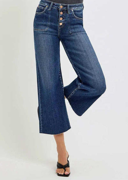 RISEN High Rise Crop Wide Button Up Jeans Plus & Regular Size - Sleekdenim.com