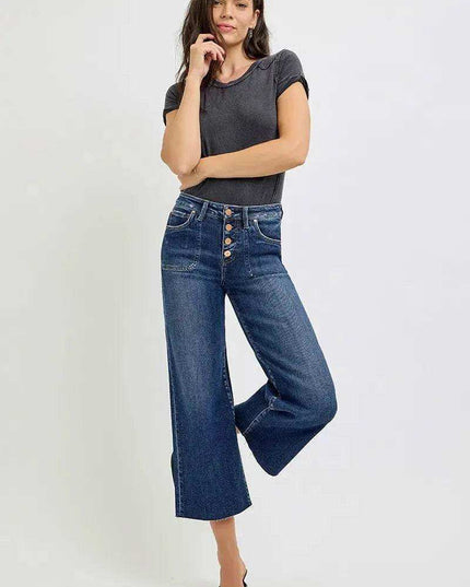 RISEN High Rise Crop Wide Button Up Jeans Plus & Regular Size - Sleekdenim.com