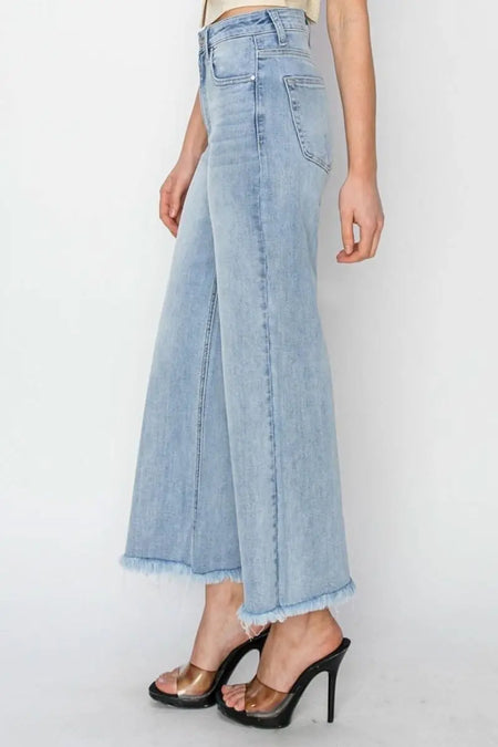 RISEN High Rise Crop Wide Fray Hem Jeans - Sleekdenim.com