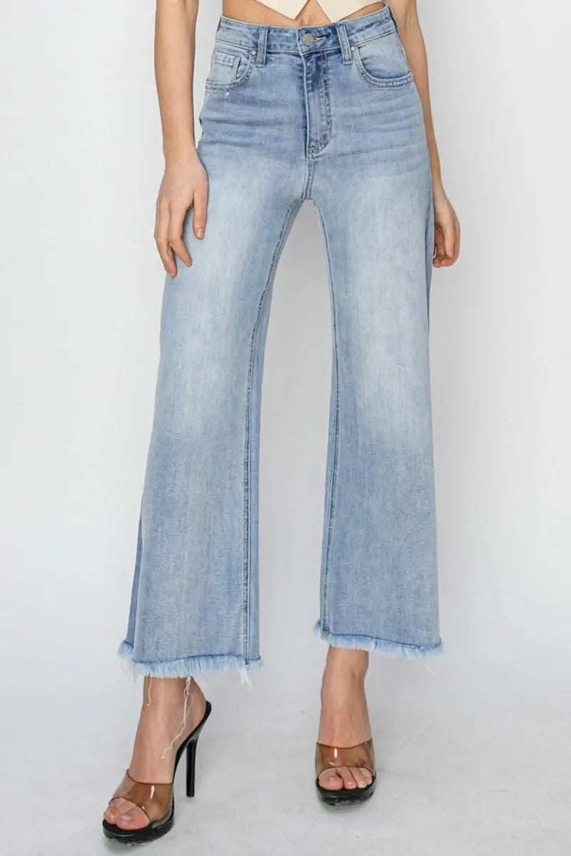 RISEN High Rise Crop Wide Fray Hem Jeans - Sleekdenim.com