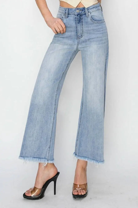 RISEN High Rise Crop Wide Fray Hem Jeans - Sleekdenim.com