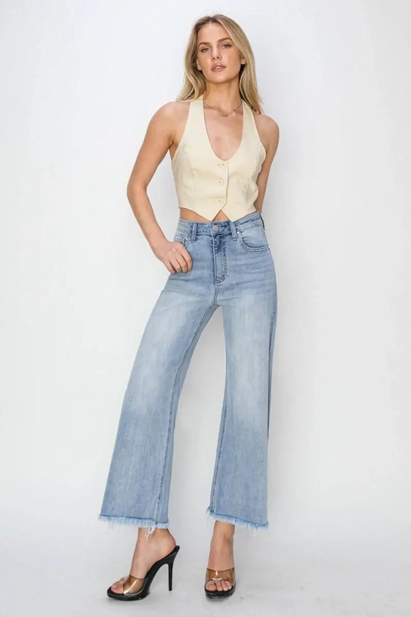 RISEN High Rise Crop Wide Fray Hem Jeans - Sleekdenim.com