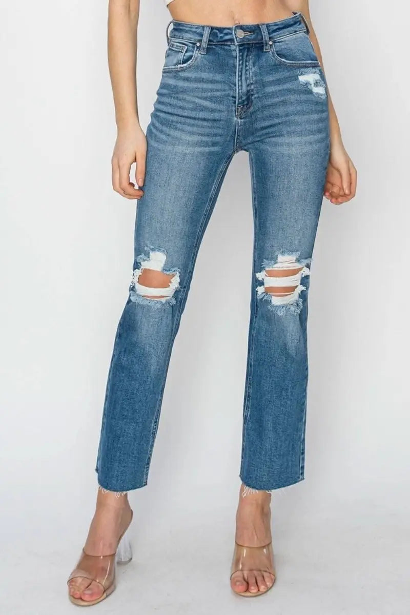 RISEN High Rise Distressed Ankle Jeans - Sleekdenim.com