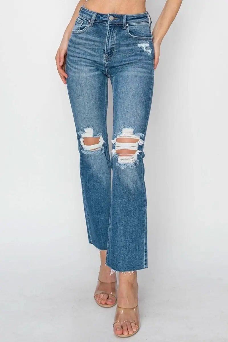 RISEN High Rise Distressed Ankle Jeans - Sleekdenim.com