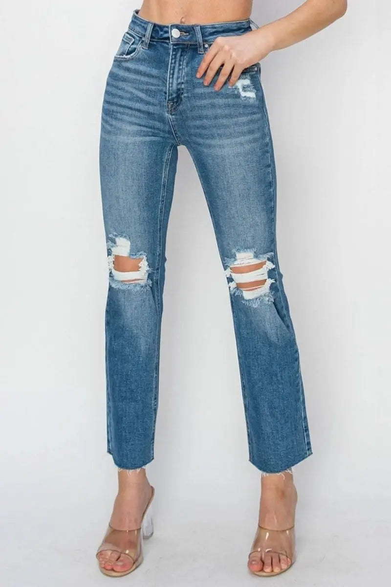 RISEN High Rise Distressed Ankle Jeans - Sleekdenim.com