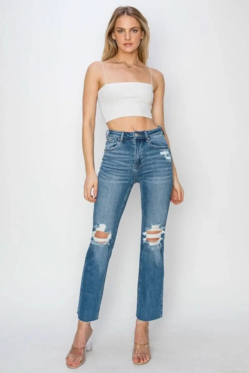 RISEN High Rise Distressed Ankle Jeans - Sleekdenim.com