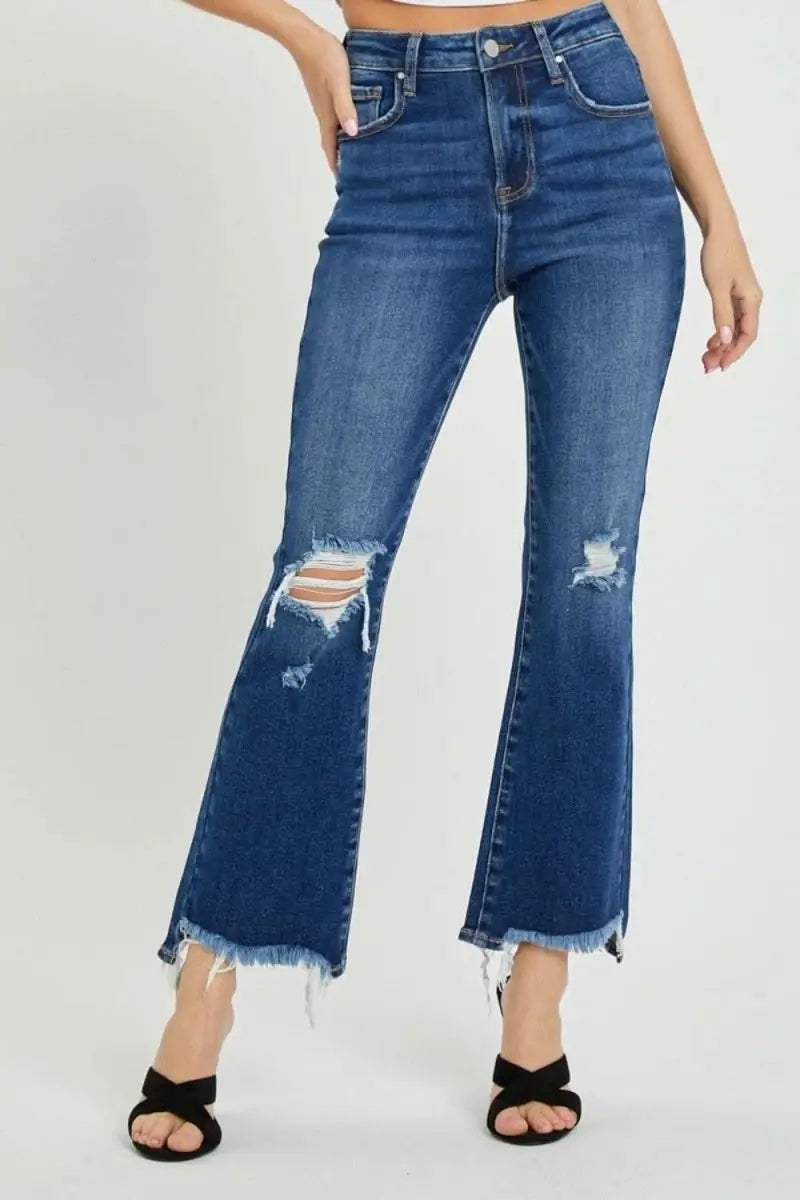 RISEN High Rise Distressed Crop Flare Jeans - Sleekdenim.com