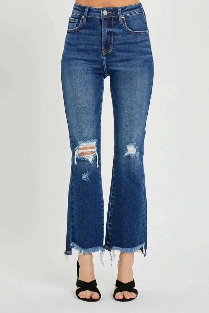 RISEN High Rise Distressed Crop Flare Jeans - Sleekdenim.com