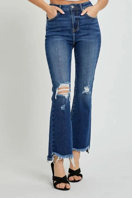 RISEN High Rise Distressed Crop Flare Jeans - Sleekdenim.com