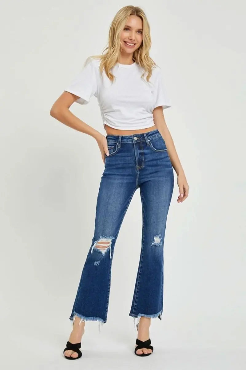 RISEN High Rise Distressed Crop Flare Jeans - Sleekdenim.com