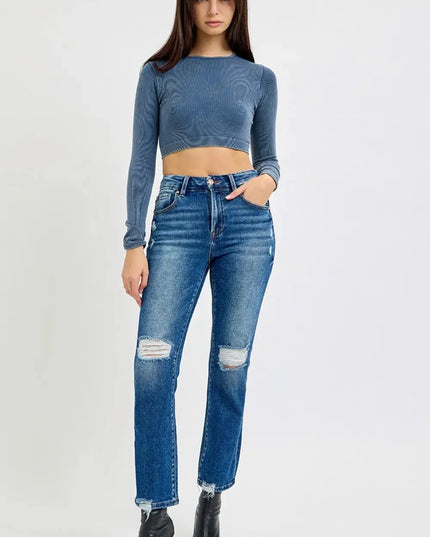 RISEN Full Size High Rise Distressed Crop Straight Jeans - Sleekdenim.com