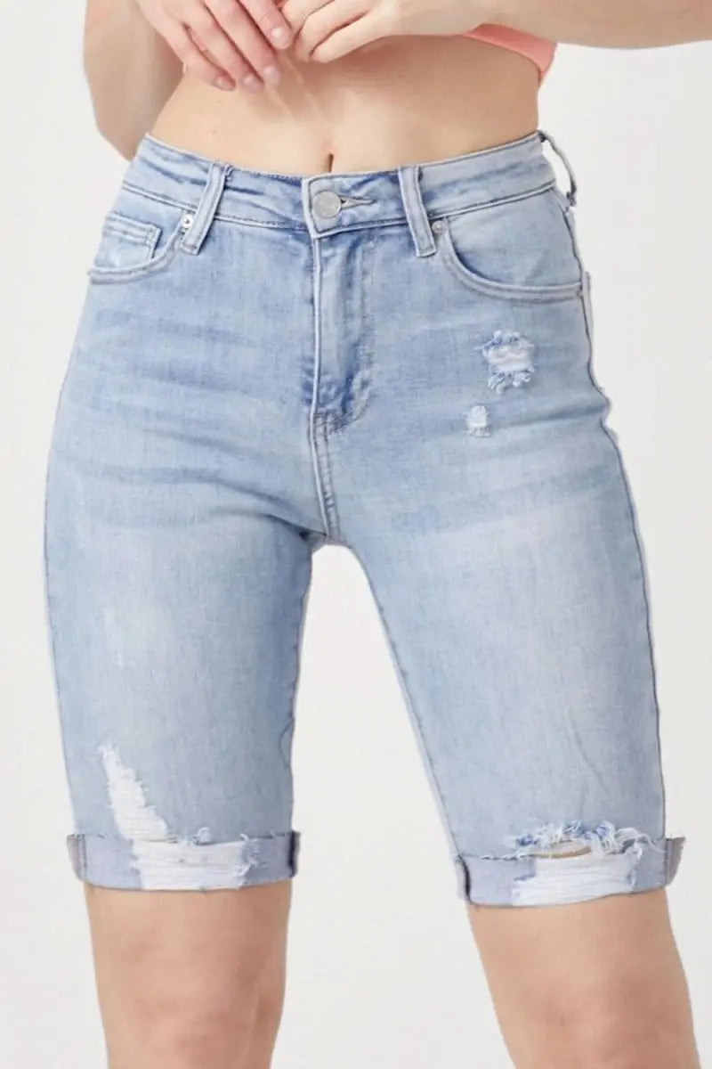 RISEN High Rise Distressed Denim Bermuda Shorts - Sleekdenim.com