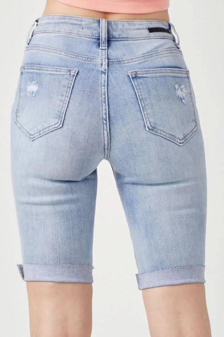 RISEN High Rise Distressed Denim Bermuda Shorts - Sleekdenim.com