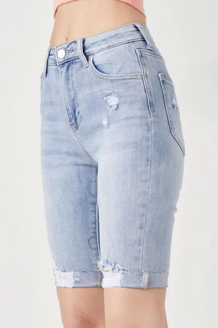 RISEN High Rise Distressed Denim Bermuda Shorts - Sleekdenim.com