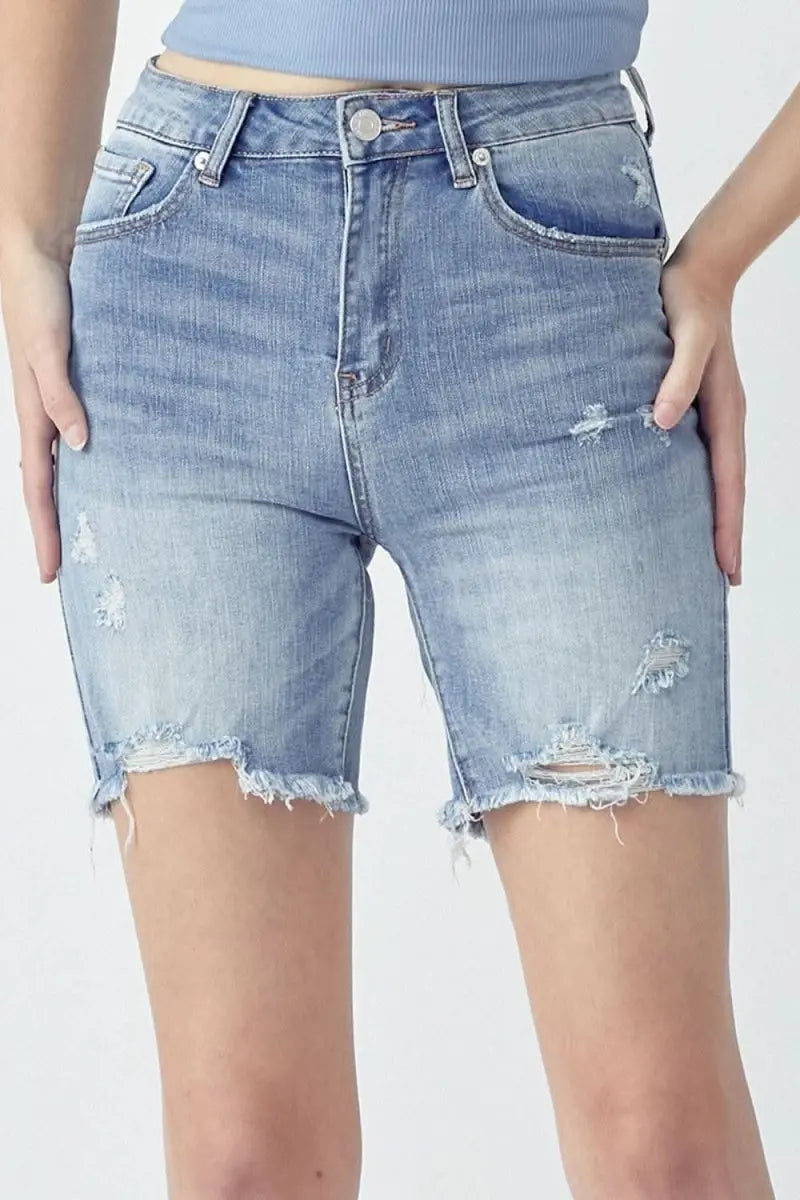 RISEN High Rise Distressed Denim Shorts - Sleekdenim.com