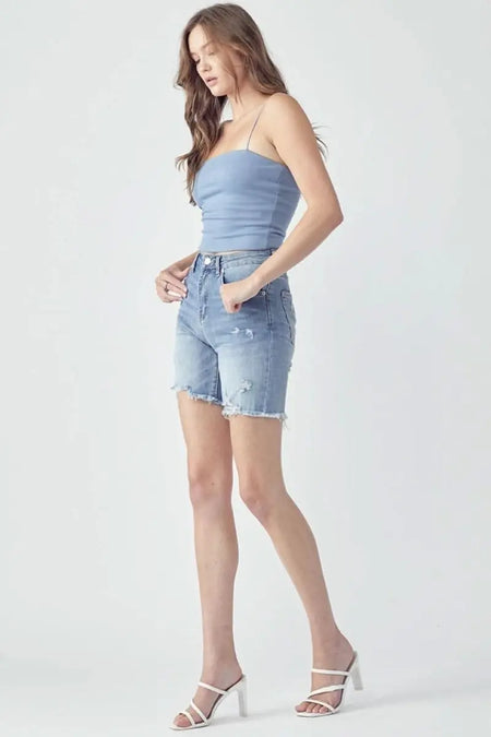 RISEN High Rise Distressed Denim Shorts - Sleekdenim.com