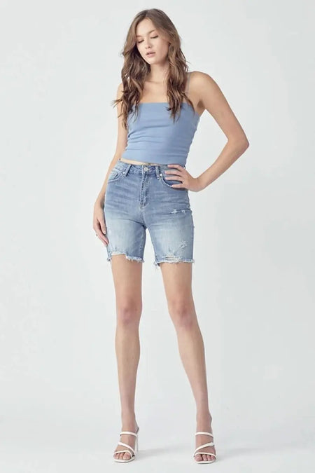 RISEN High Rise Distressed Denim Shorts - Sleekdenim.com