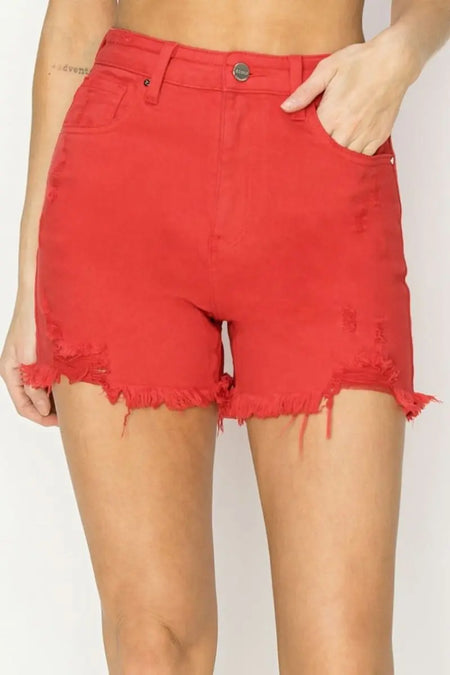 RISEN High Rise Distressed Denim Shorts - Sleekdenim.com