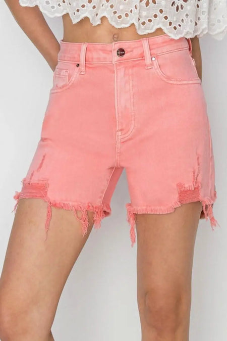 RISEN High Rise Distressed Denim Shorts - Sleekdenim.com