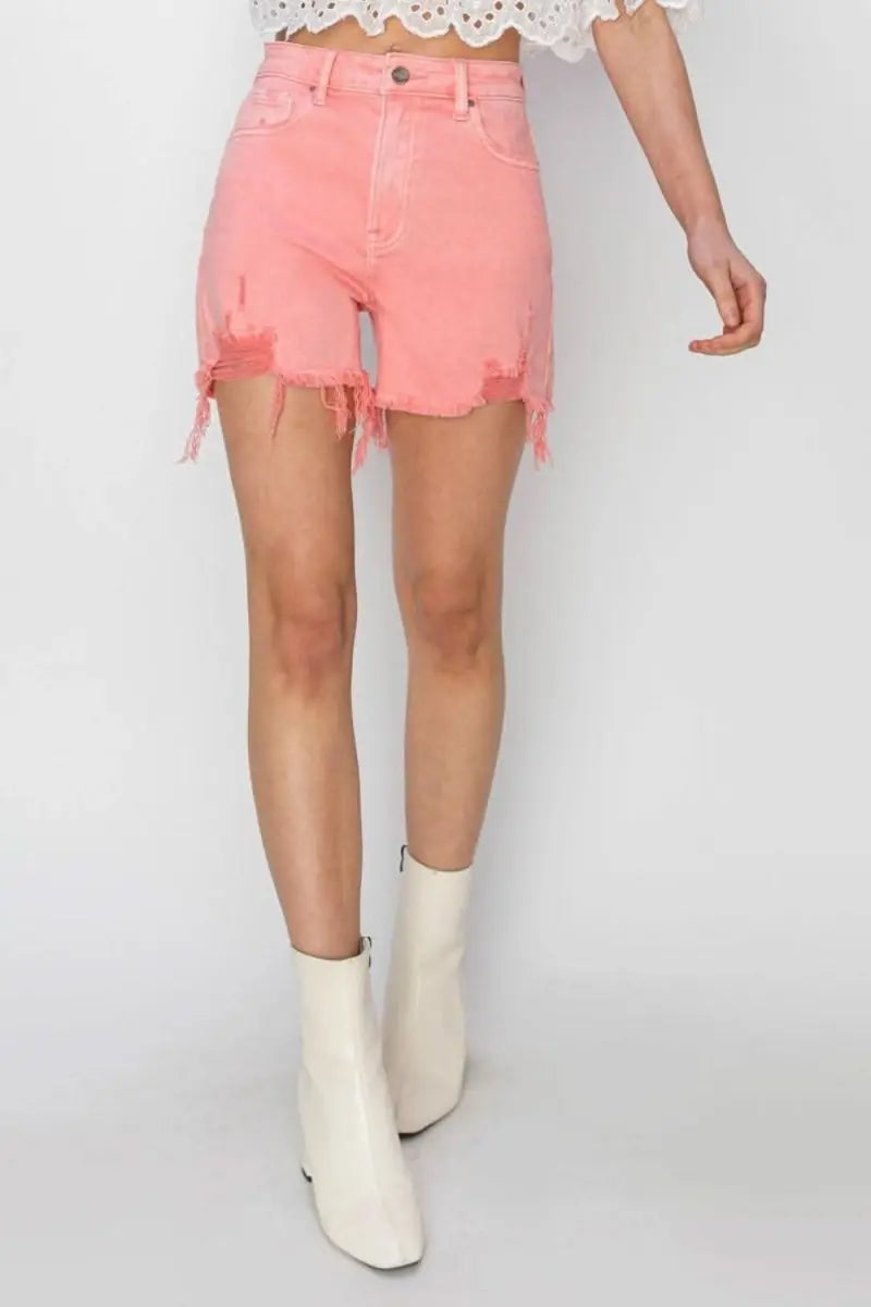 RISEN High Rise Distressed Denim Shorts - Sleekdenim.com