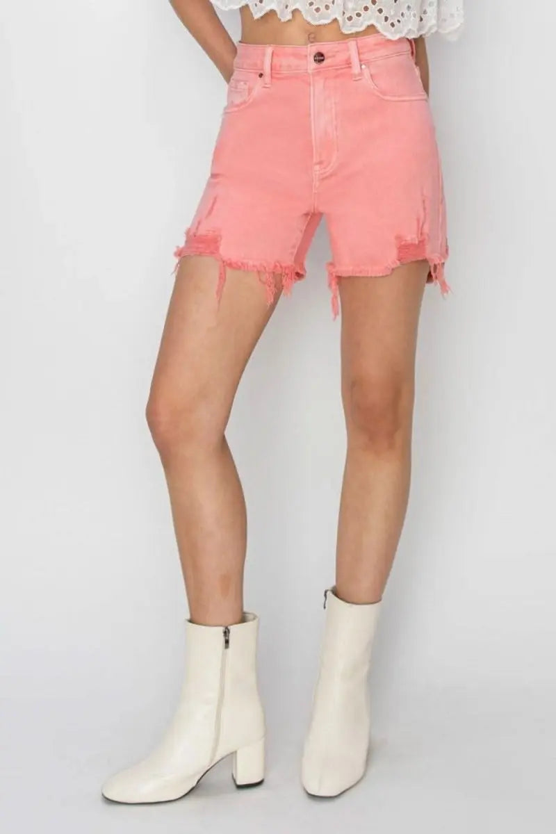 RISEN High Rise Distressed Denim Shorts - Sleekdenim.com