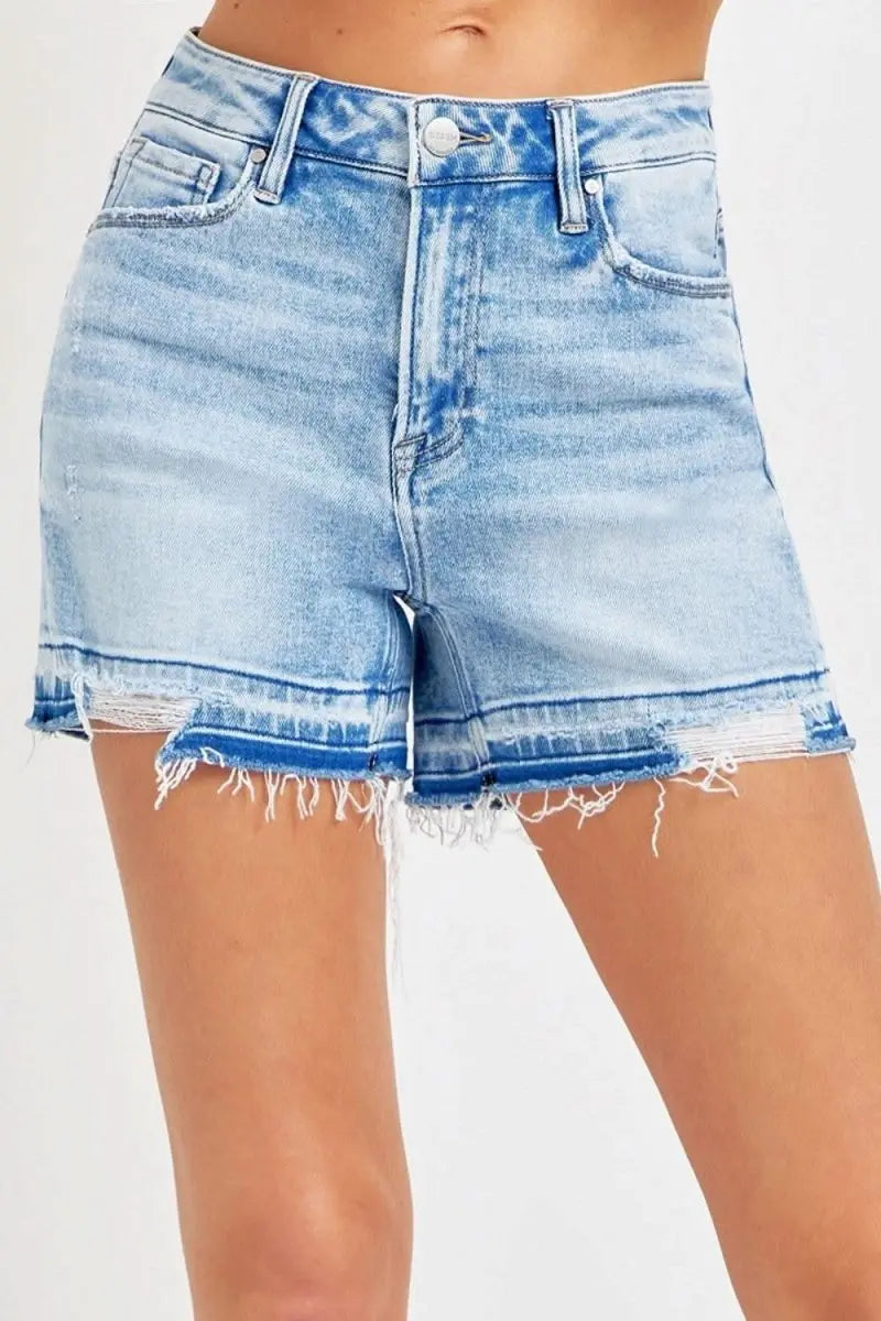 RISEN High Rise Distressed Hem Denim Shorts - Sleekdenim.com