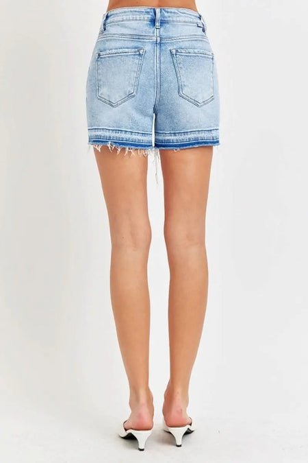 RISEN High Rise Distressed Hem Denim Shorts - Sleekdenim.com