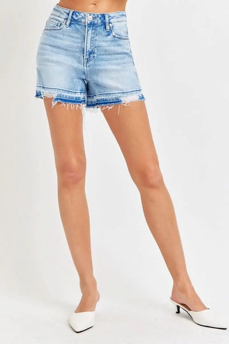 RISEN High Rise Distressed Hem Denim Shorts - Sleekdenim.com