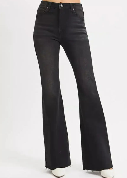 RISEN High Rise Flare Raw Cut Hem Jeans - Sleekdenim.com