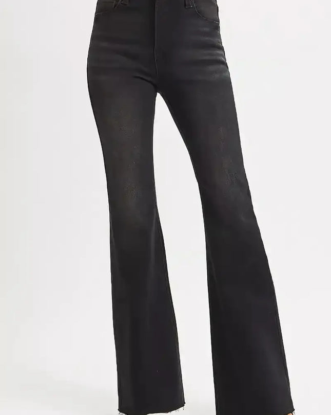 RISEN High Rise Flare Raw Cut Hem Jeans - Sleekdenim.com