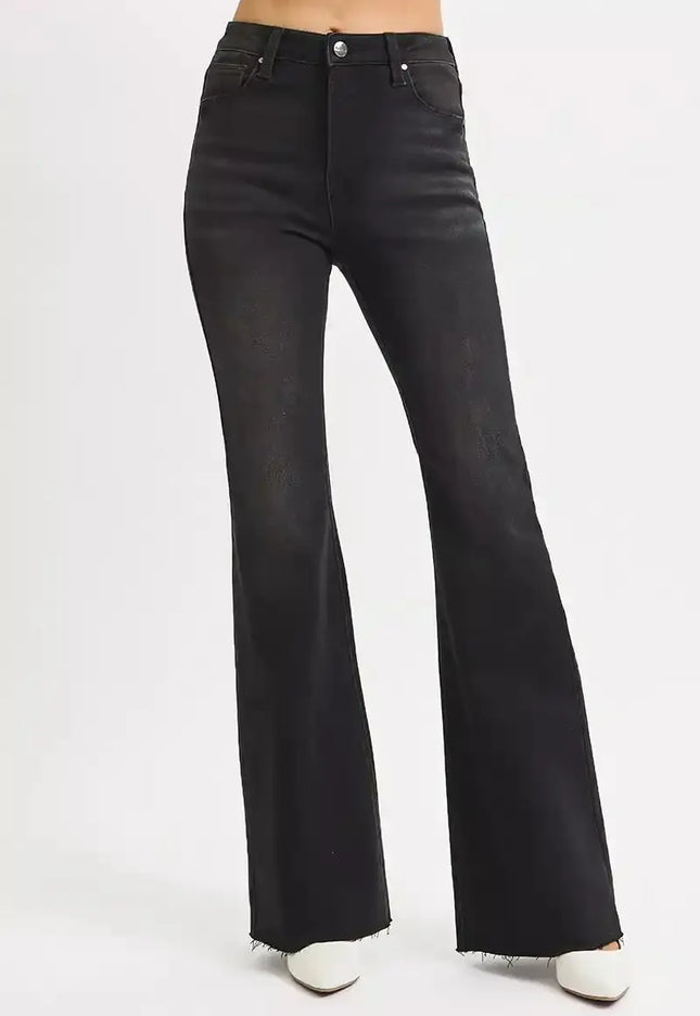 RISEN High Rise Flare Raw Cut Hem Jeans RDP5501 - Sleekdenim.com