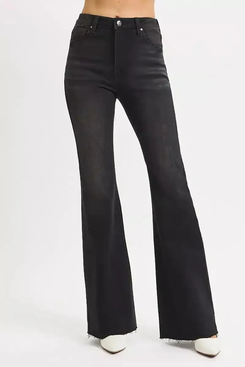 RISEN High Rise Flare Raw Cut Hem Jeans - Sleekdenim.com