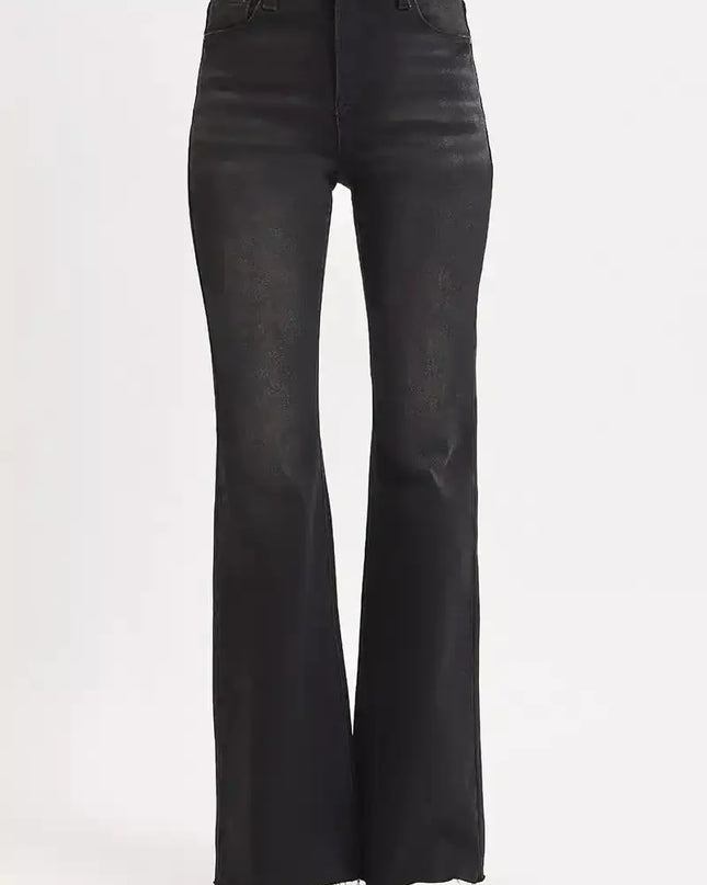 RISEN High Rise Flare Raw Cut Hem Jeans - Sleekdenim.com