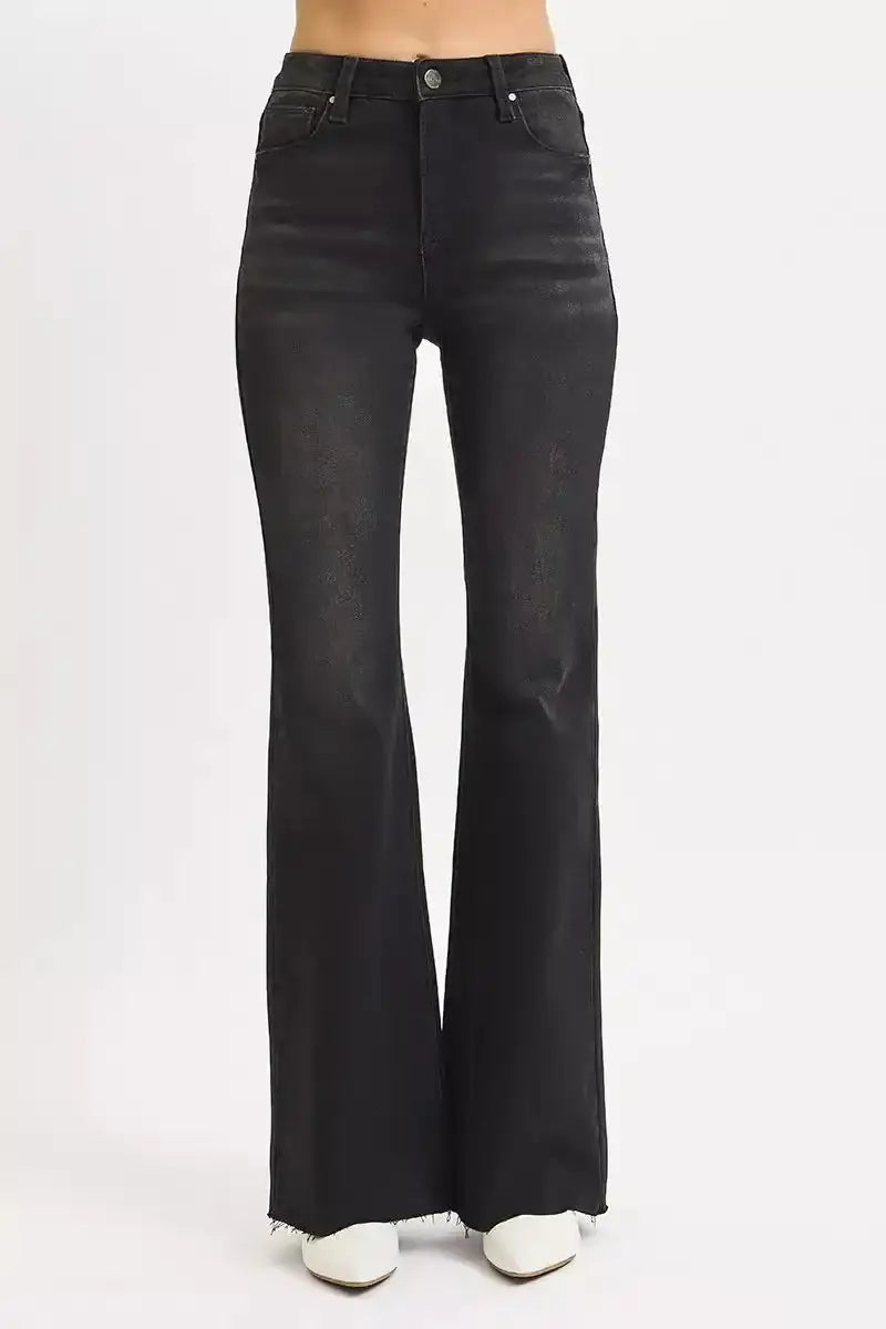 RISEN High Rise Flare Raw Cut Hem Jeans - Sleekdenim.com