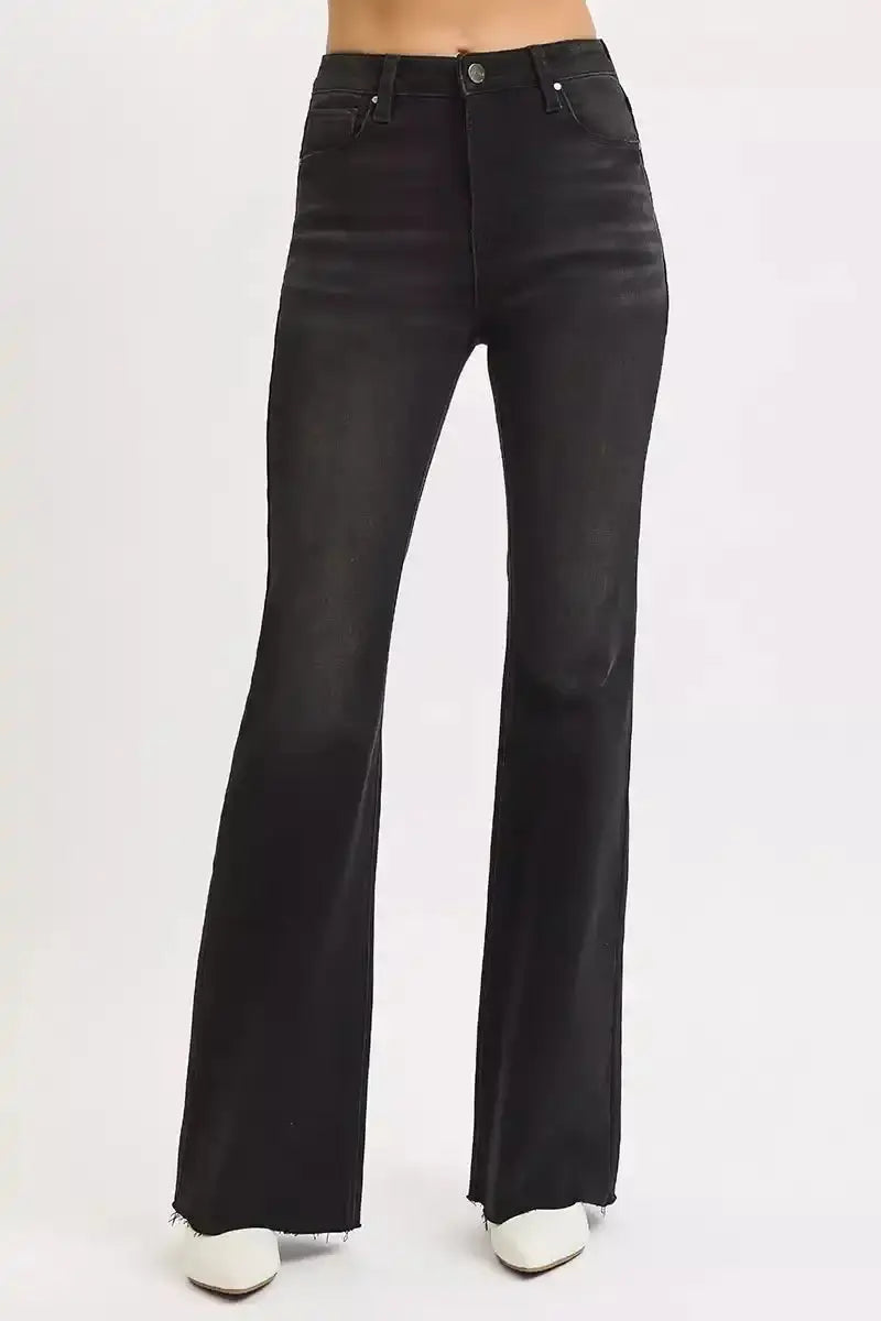 RISEN High Rise Flare Raw Cut Hem Jeans RDP5501 - Sleekdenim.com