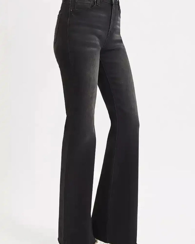 RISEN High Rise Flare Raw Cut Hem Jeans - Sleekdenim.com