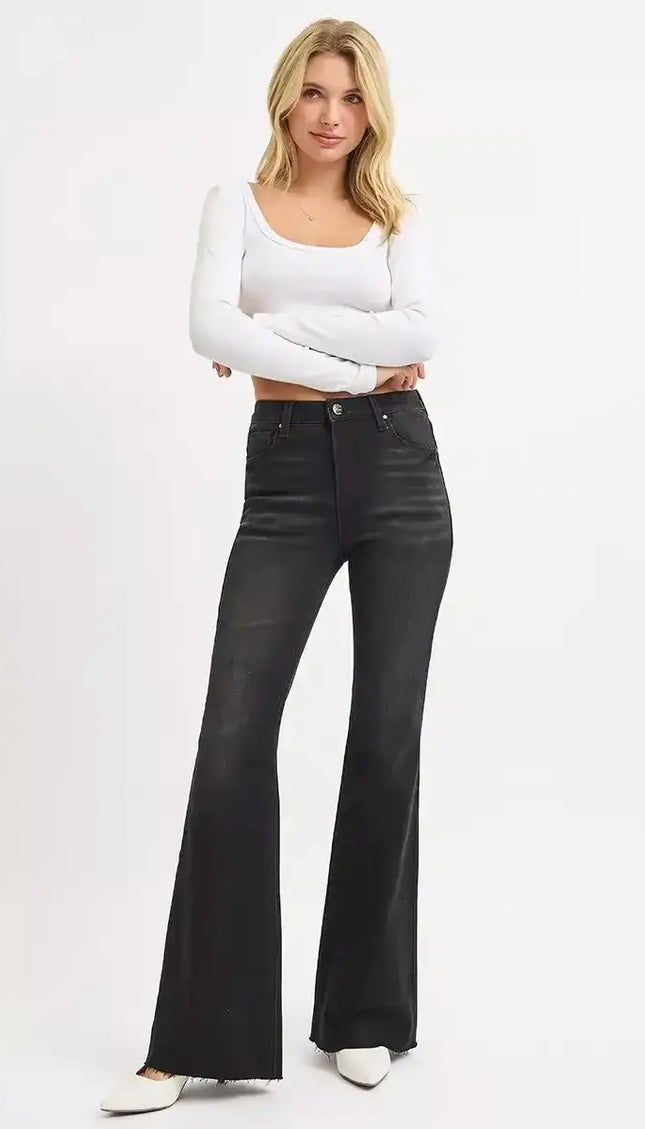 RISEN High Rise Flare Raw Cut Hem Jeans RDP5501 - Sleekdenim.com