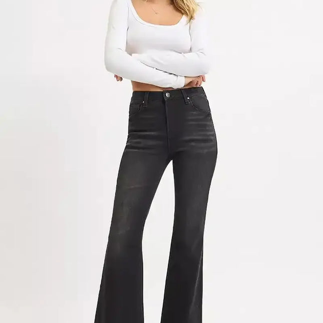 RISEN High Rise Flare Raw Cut Hem Jeans RDP5501 - Sleekdenim.com