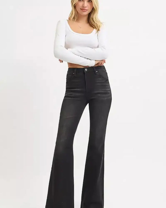 RISEN High Rise Flare Raw Cut Hem Jeans - Sleekdenim.com
