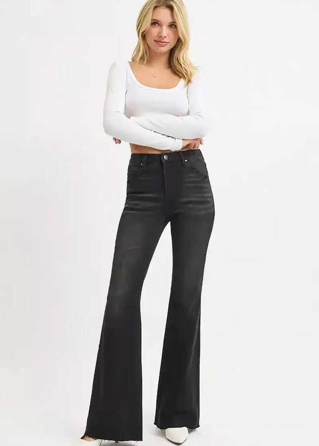 RISEN High Rise Flare Raw Cut Hem Jeans RDP5501 - Sleekdenim.com