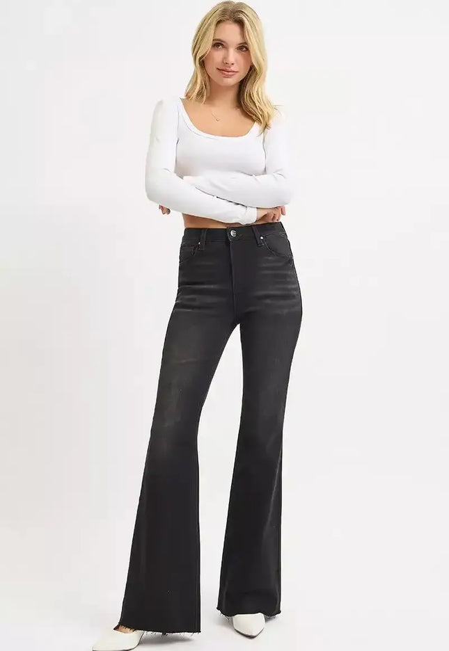 RISEN High Rise Flare Raw Cut Hem Jeans RDP5501 - Sleekdenim.com