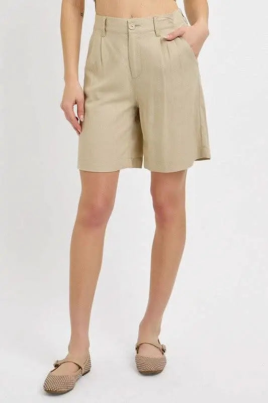 RISEN High Rise Pleated Front Shorts - Sleekdenim.com