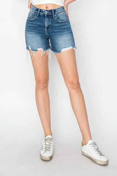 RISEN High Rise Raw Hem Distressed Denim Shorts - Sleekdenim.com