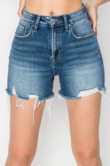 RISEN High Rise Raw Hem Distressed Denim Shorts - Sleekdenim.com