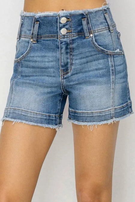 RISEN High Rise Seam Detailed Raw Edge Denim Shorts - Sleekdenim.com