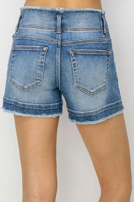 RISEN High Rise Seam Detailed Raw Edge Denim Shorts - Sleekdenim.com