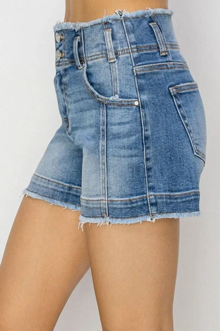 RISEN High Rise Seam Detailed Raw Edge Denim Shorts - Sleekdenim.com