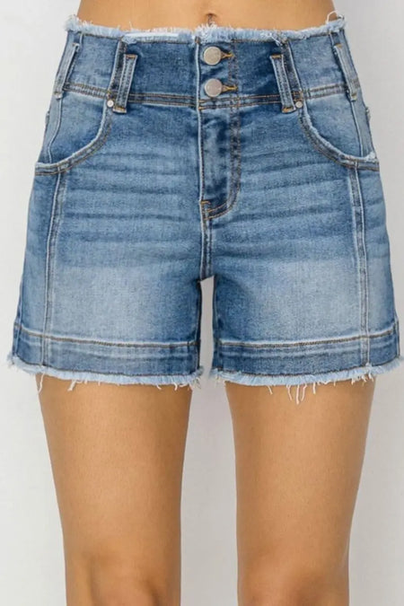 RISEN High Rise Seam Detailed Raw Edge Denim Shorts - Sleekdenim.com